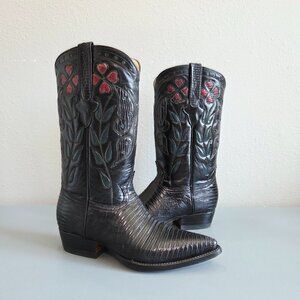 Women’s Cuadra Black Genuine Teju Lizard Western Embroidered Cowboy Boots Size 6